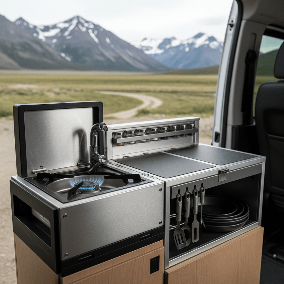 Ultra-compact van life gas stove and sink setup with collapsible faucet.