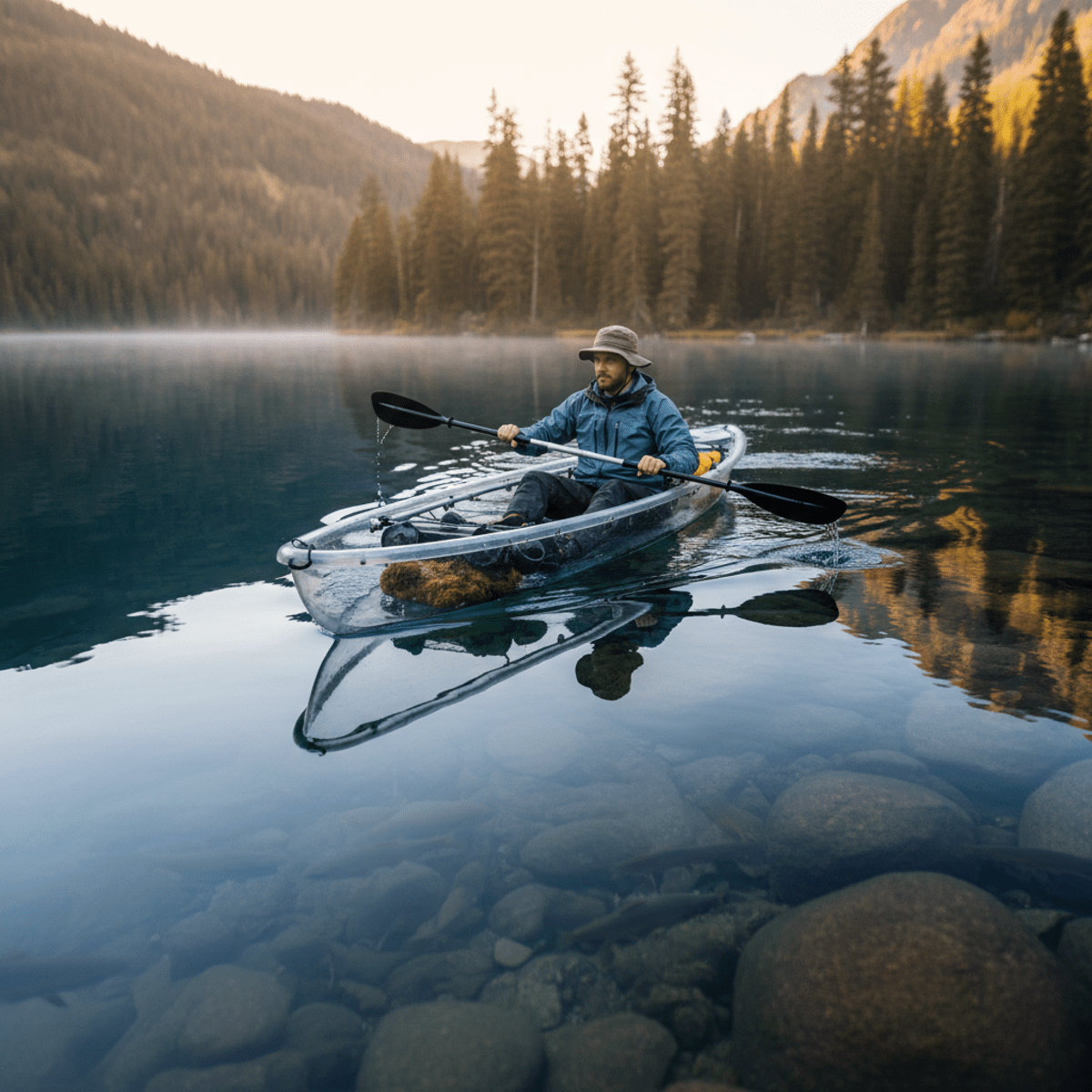 Solo kayaker in transparent kayak glides over serene lake, viewing fish below.