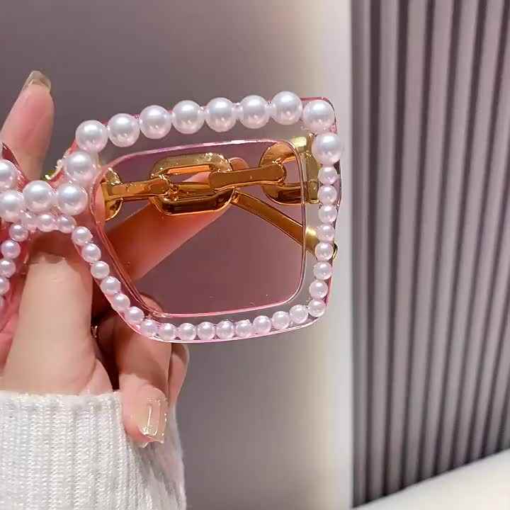 Luxury Rhinestone Pearl Square Sunglasses Women Pink Transparent