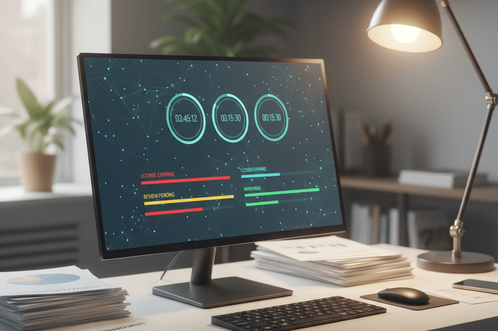 Office desk with monitor showing generic inventory alerts and reports under natural light