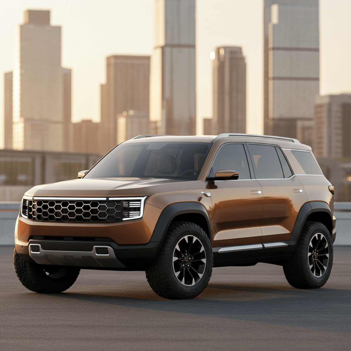 Modern metallic bronze SUV with off-road tires in city Metallic bronze seven-seater SUV with aggressive tires in urban cityscape at golden hour.