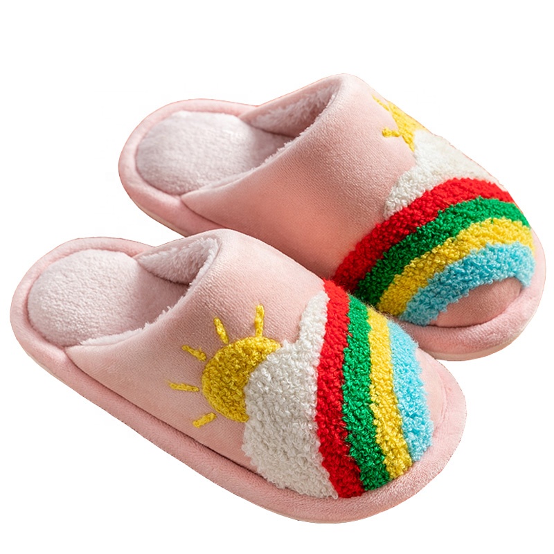 Новинка 2020, зимние теплые плюшевые тапочки, детские домашние сланцы, сандалии, унисекс, Радужный плюшевый кролик, меховые домашние теплые сланцы, обувь