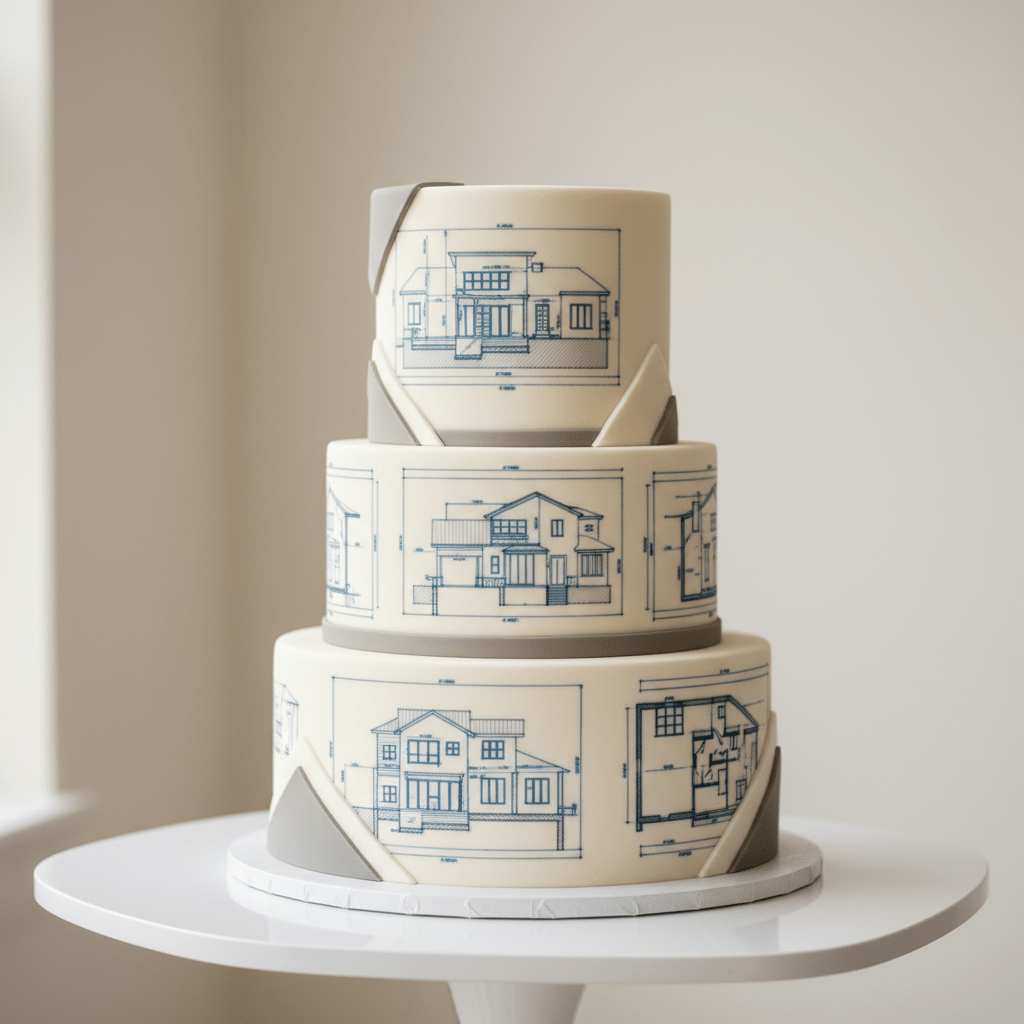 Edible architectural blueprints detail a modern custom home on a tiered cake.
