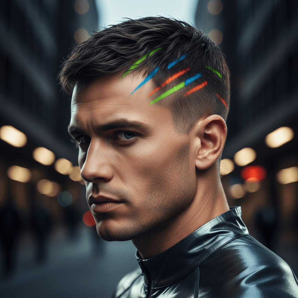 Creative male athlete with artistic graphic buzz cut and vibrant color hair accents.
