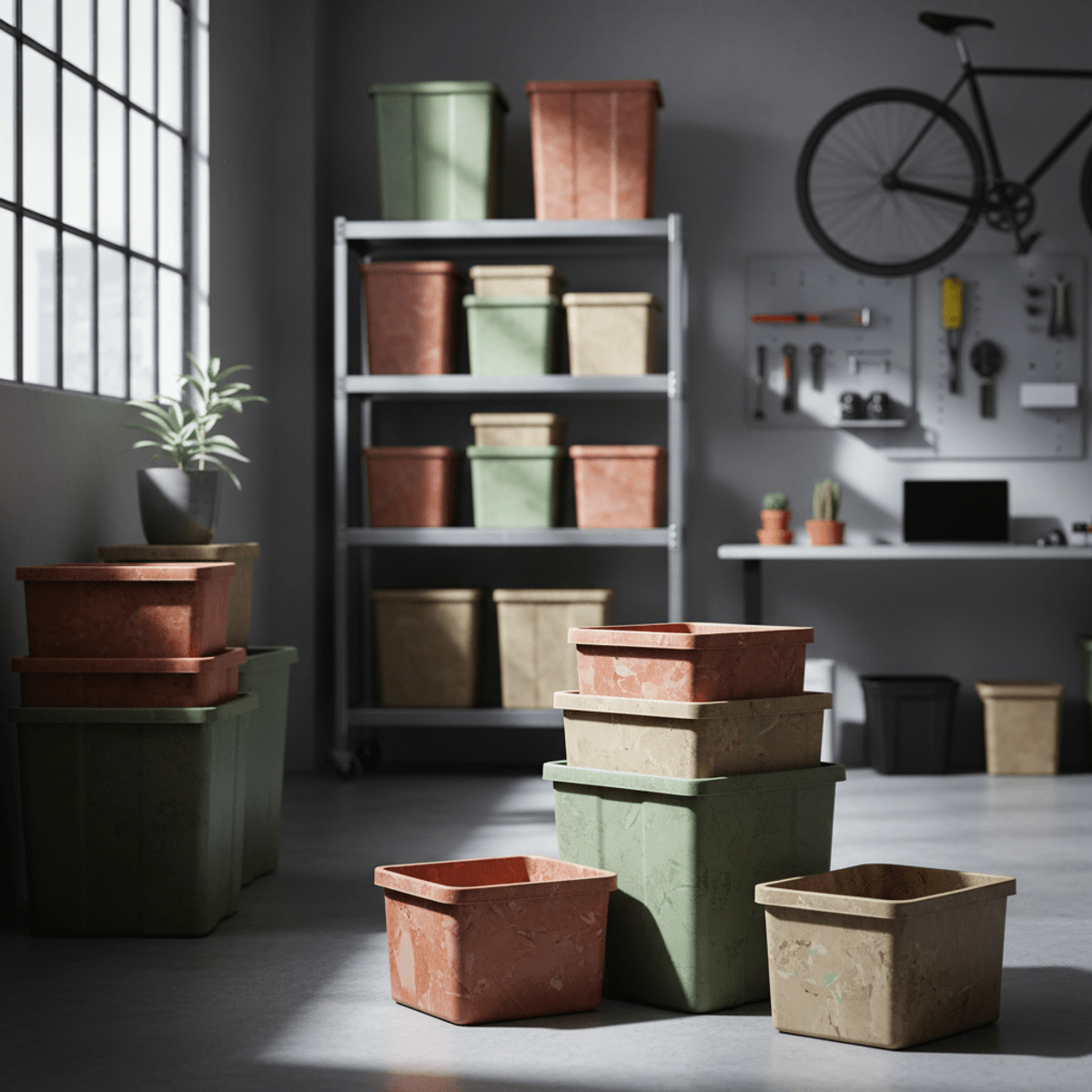 Polished recycled plastic storage boxes in earthy tones displayed in a modern garage workspace.