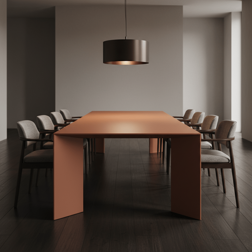 Modern terracotta matte lacquer dining table Sculptural minimalist dining table in warm terracotta matte lacquer.