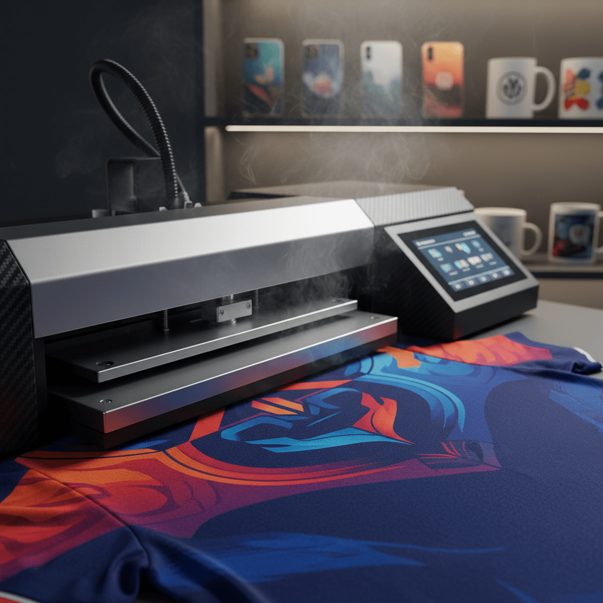 Desktop printer sublimating a vibrant design onto a polyester team jersey with visible steam.