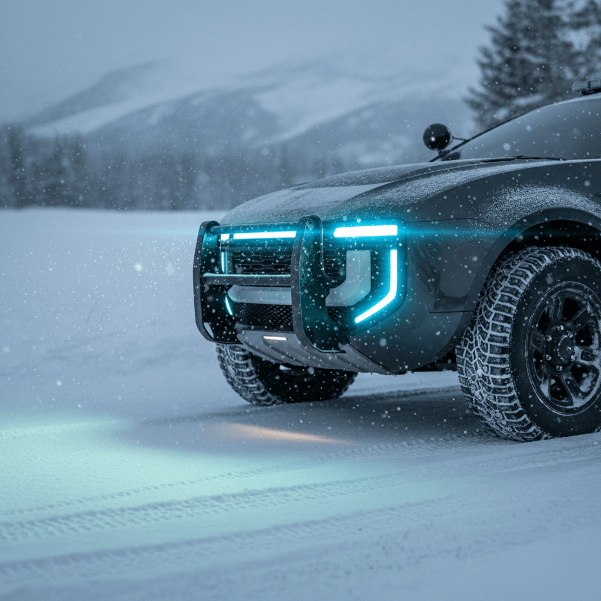 Police cruiser lights illuminate snowy roadside, highlighting sleek body and frost texture.