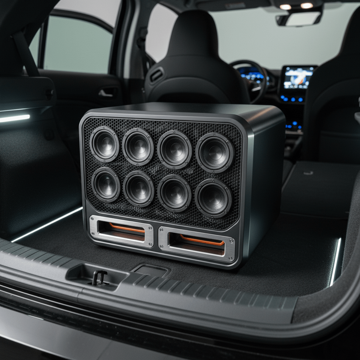 Compact futuristic car audio box with sleek design and exposed port tuning system.