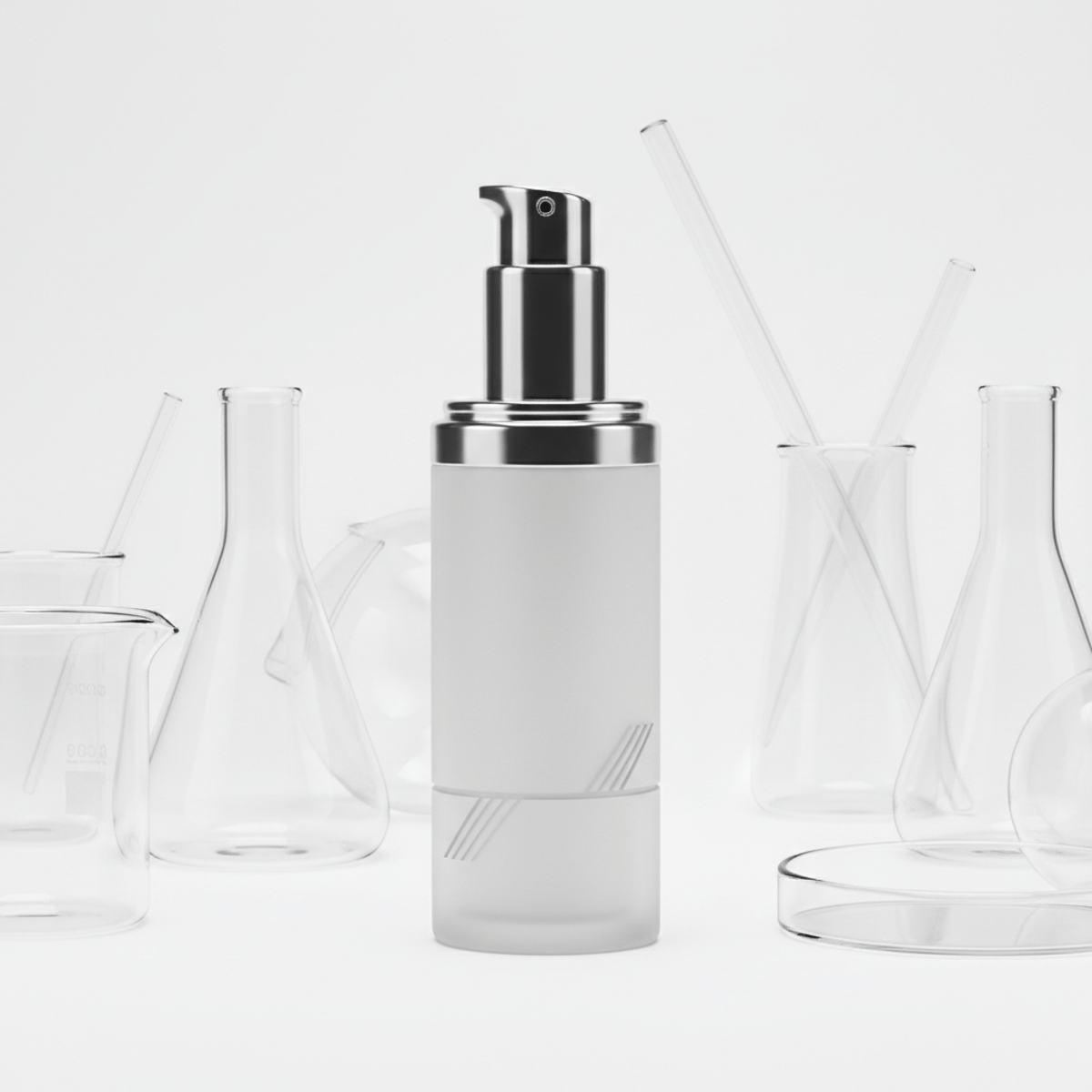 Futuristic airless dispenser with matte frosted body and polished chrome pump head.