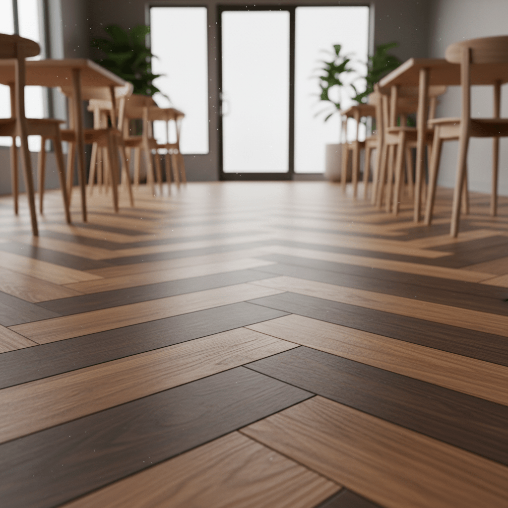 Luxurious vinyl tile flooring in bold chevron pattern with a matte waterproof sheen.