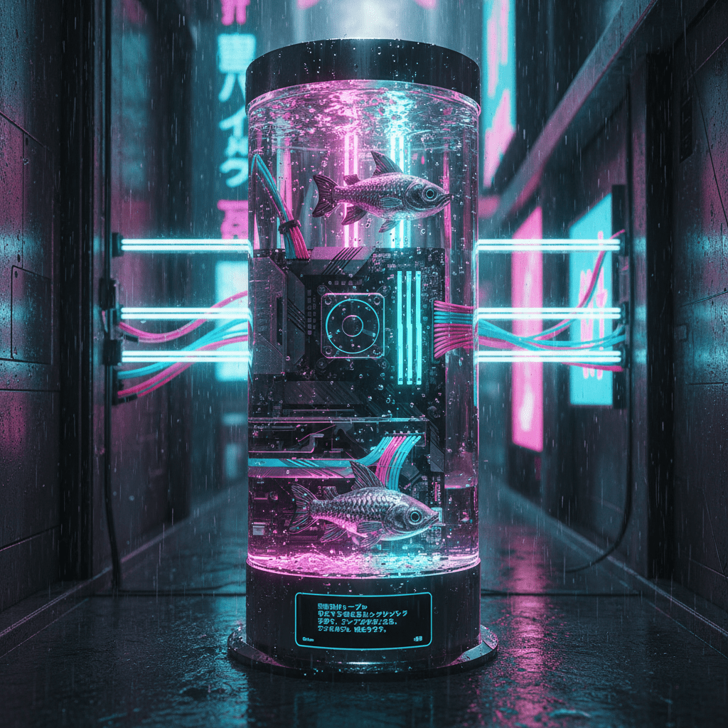 Cyberpunk fish tank PC with neon lights and cyborg fish in shimmering fluid.
