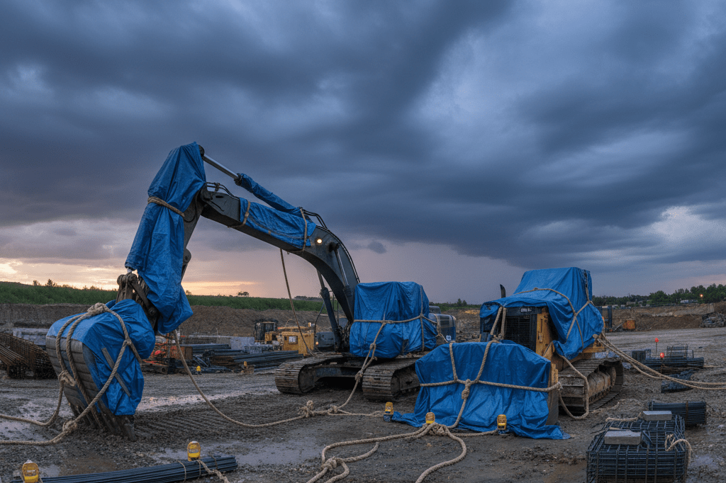 Heavy machinery on a construction site prepared with protective measures during an approaching storm under dim natural light