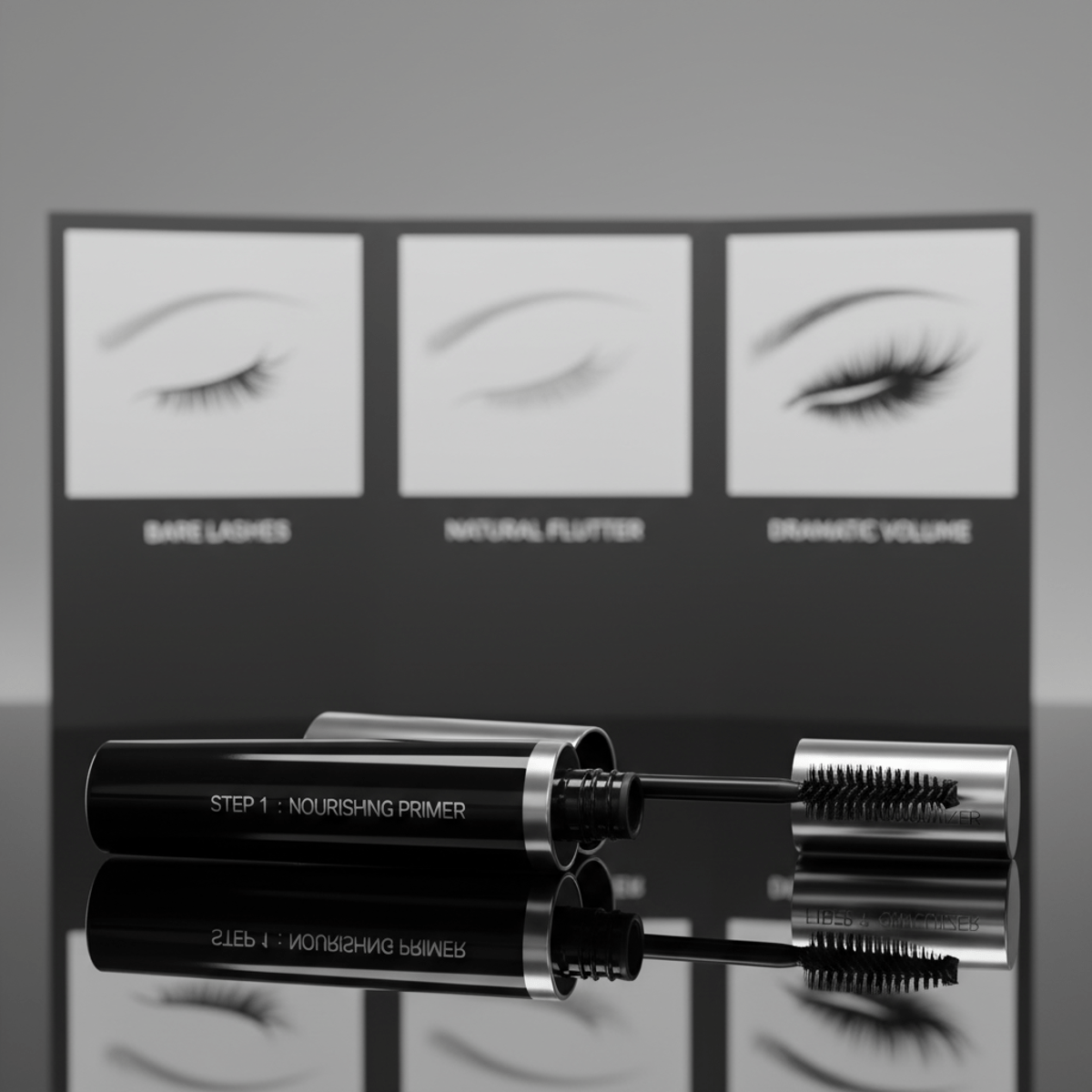 Sleek mascara kit showcasing primer and fiber applicator for lash volume transformation.