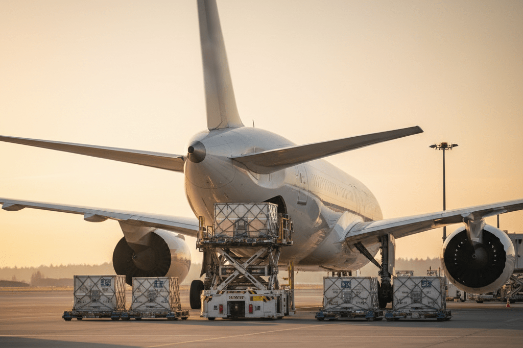 Medium shot of cargo pallets and shipping containers being loaded onto a wide-body aircraft at Vancouver International Airport during golden hour