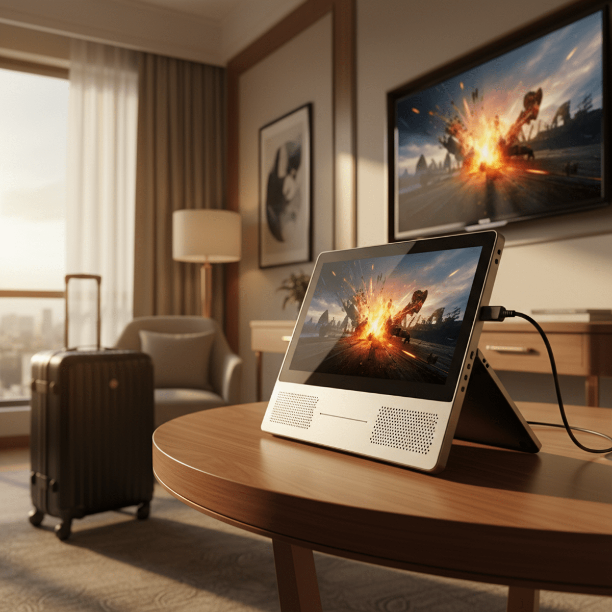 Portable DVD player connected to a hotel TV showing a vibrant movie scene.