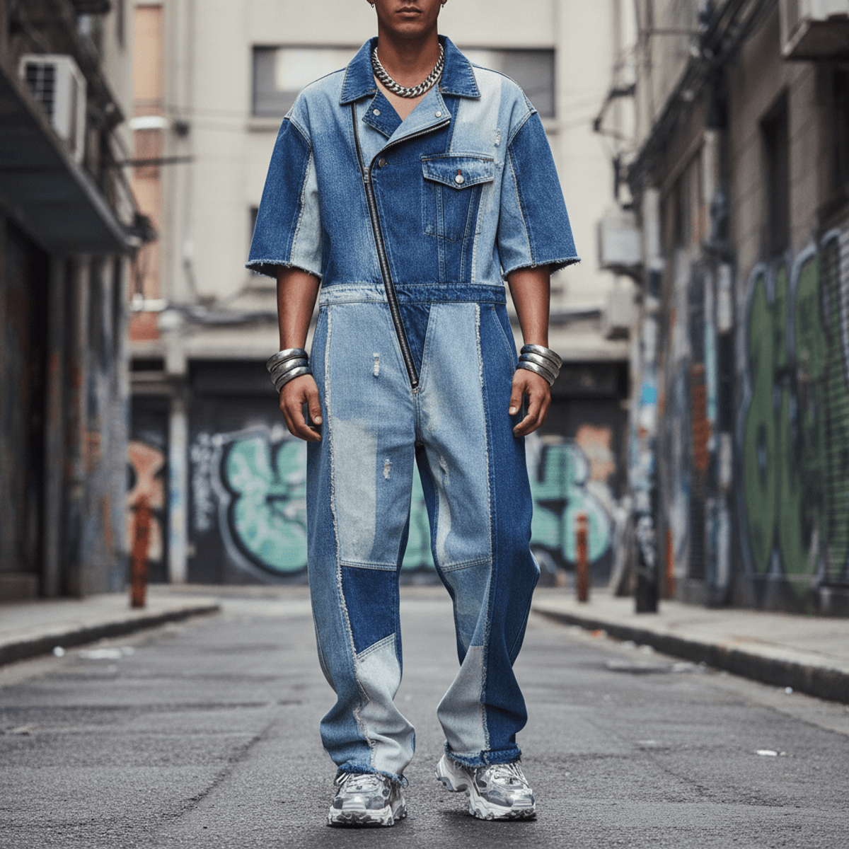 Male model in deconstructed denim jumpsuit with mixed washes and raw edges.