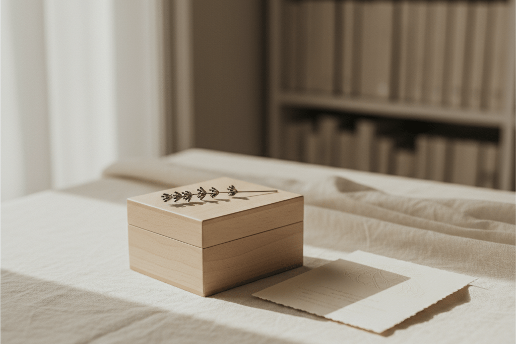 A discreet wedding ring box with cream invitation and dried lavender on ivory linen in natural light