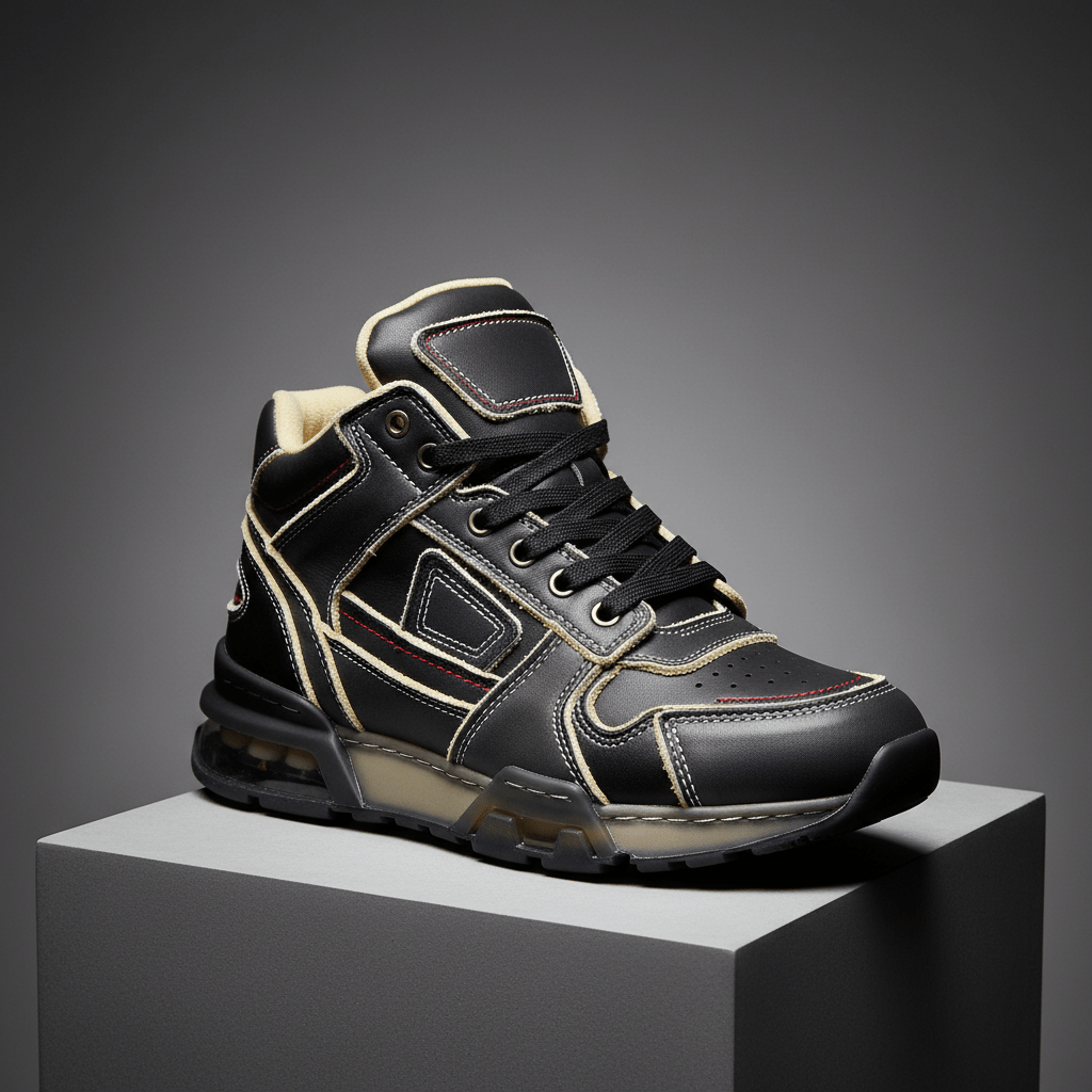 Close-up of deconstructed leather sneakers with raw edges on a concrete pedestal.