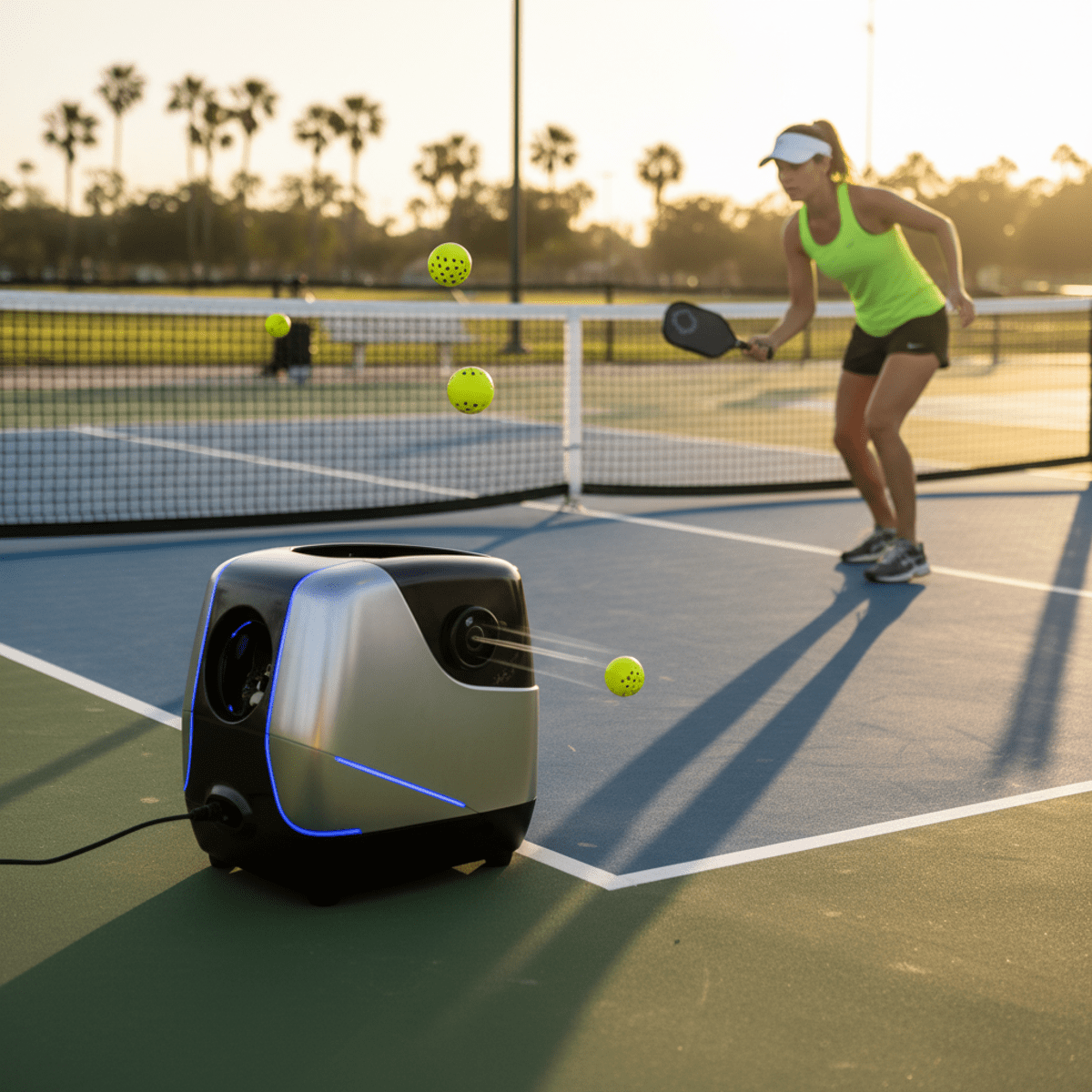 State-of-the-art pickleball machine launches ball to player at baseline.