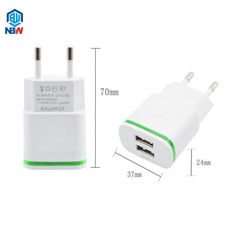 High Quality Phone USB Fast Charger EU/USA Plug Dual Ports 2 USB With LED Light