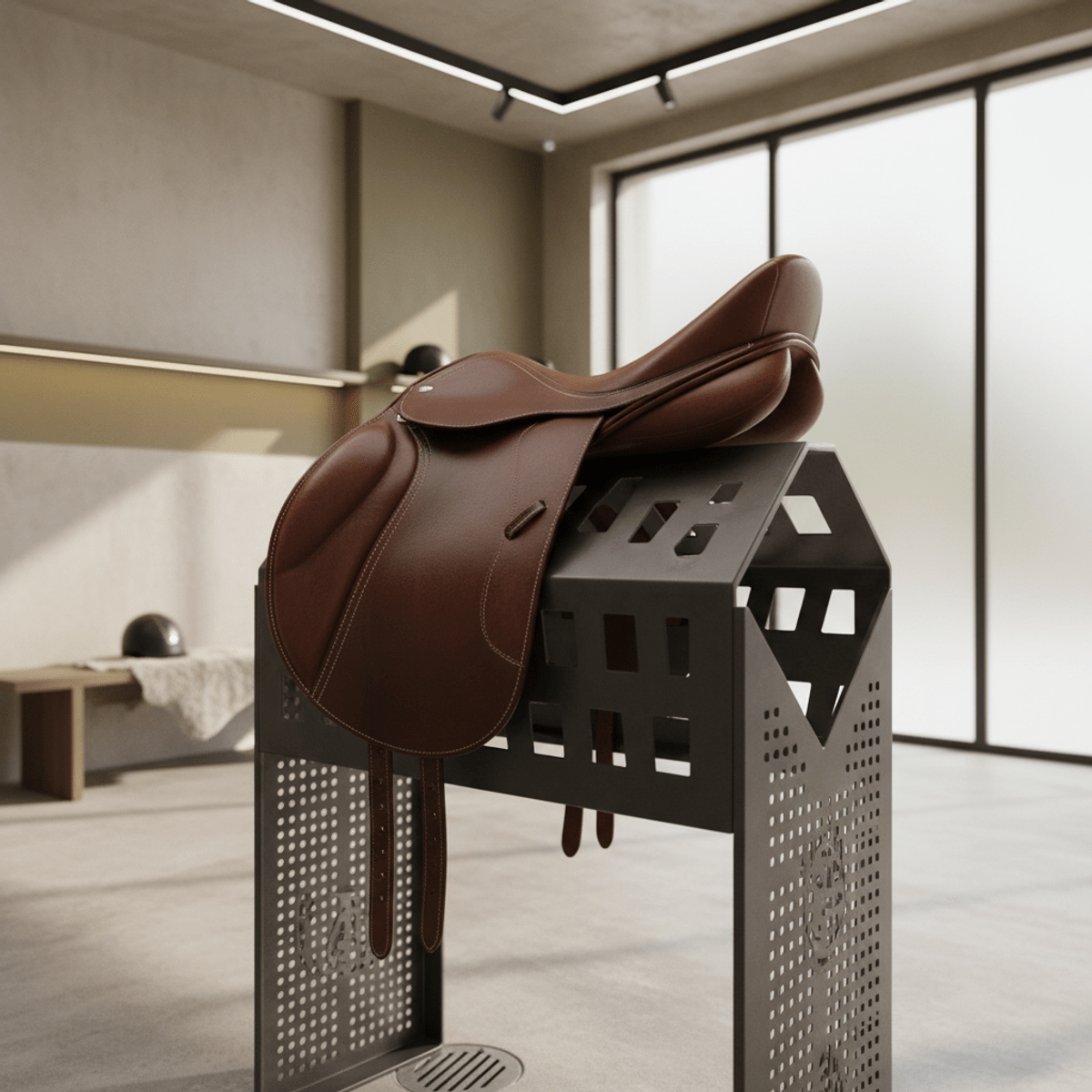 Modern ventilated saddle rack with perforated panels holding a premium leather saddle.