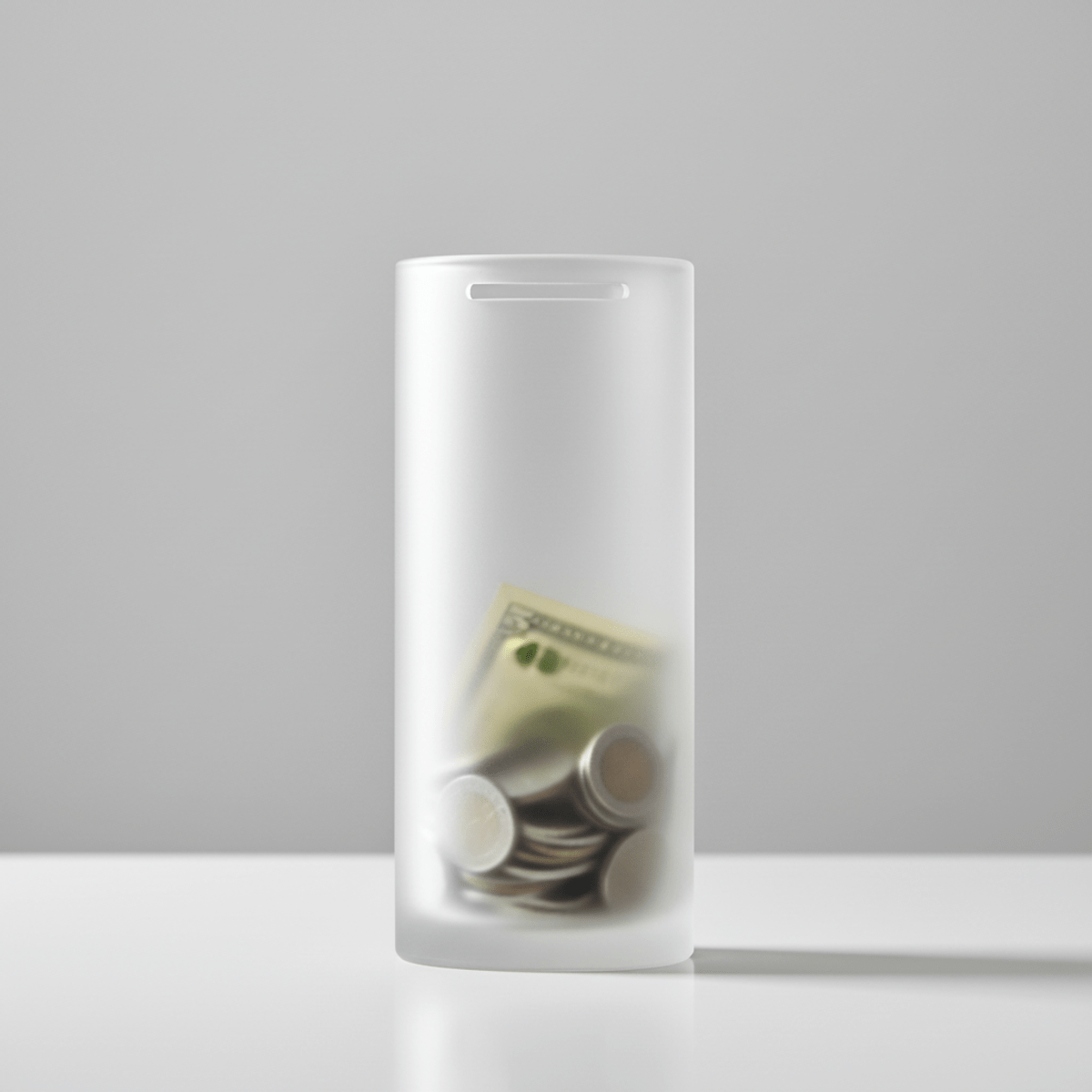 Frosted glass piggy bank on a minimalist desk Sleek frosted glass piggy bank on a polished white desk with minimalist design.