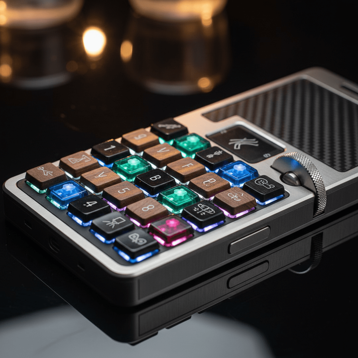 Luxury keypad phone with polished stone, brushed steel, and wood keys.