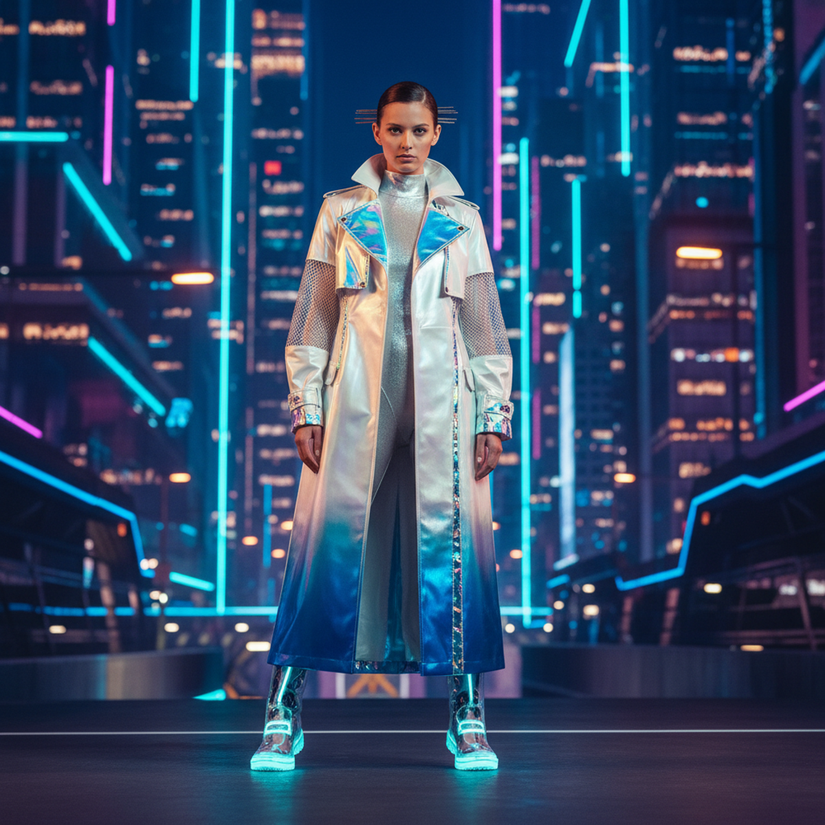 Model in iridescent trench coat with mesh panels and holographic accents in a sci-fi city.