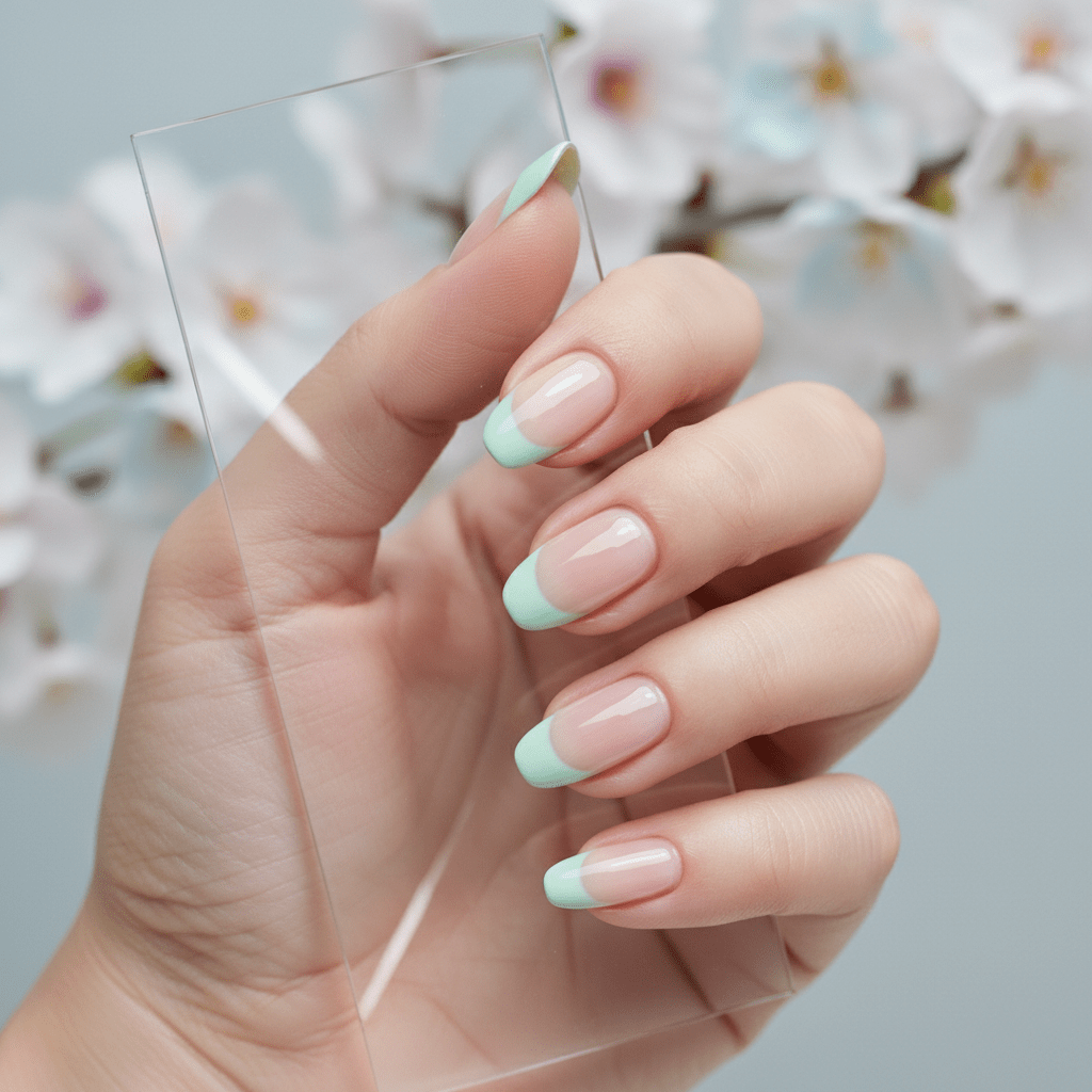 Minimalist micro-French manicure with pale mint green tips and blue undertones.