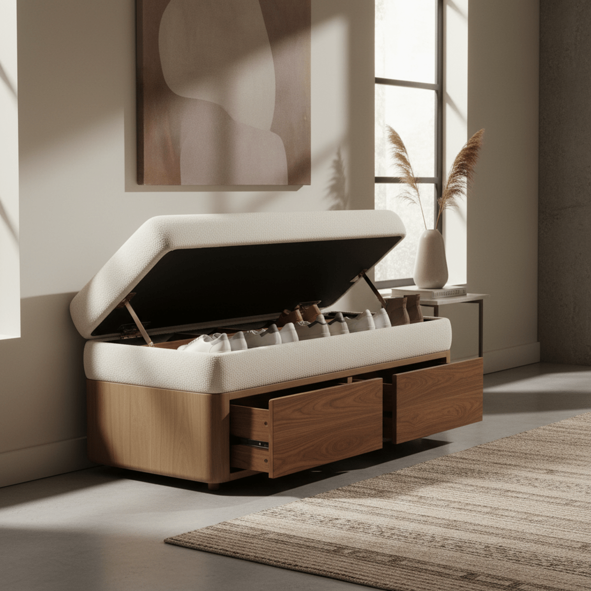 Luxurious cream bouclé organizer bench with shoe storage in a modern entryway.
