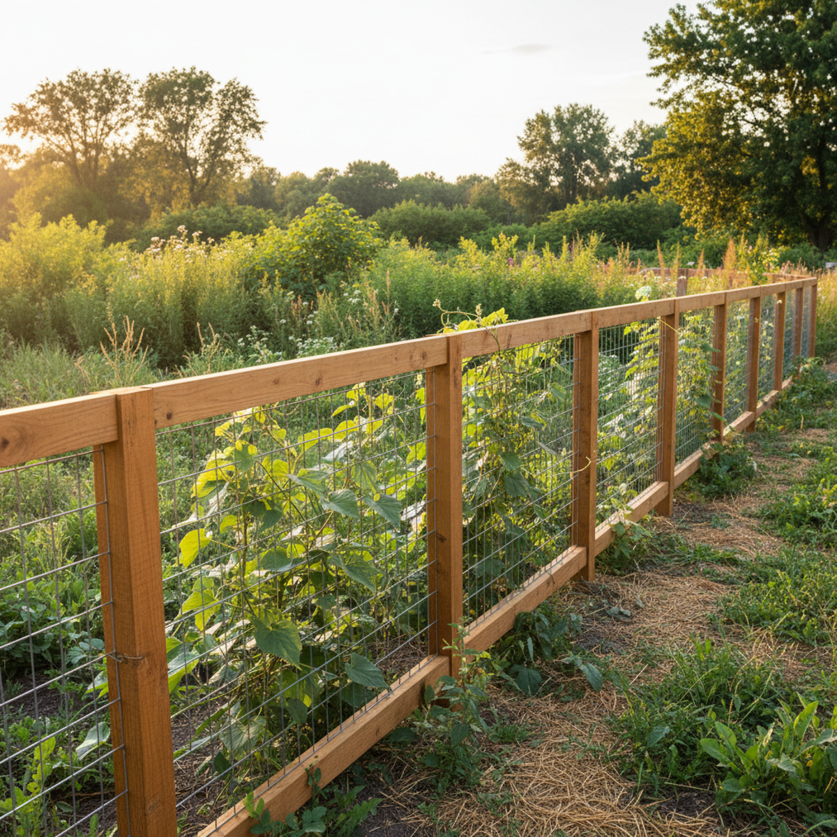 Rural backyard with galvanized hog wire mesh fence and wooden frames in golden hour light.