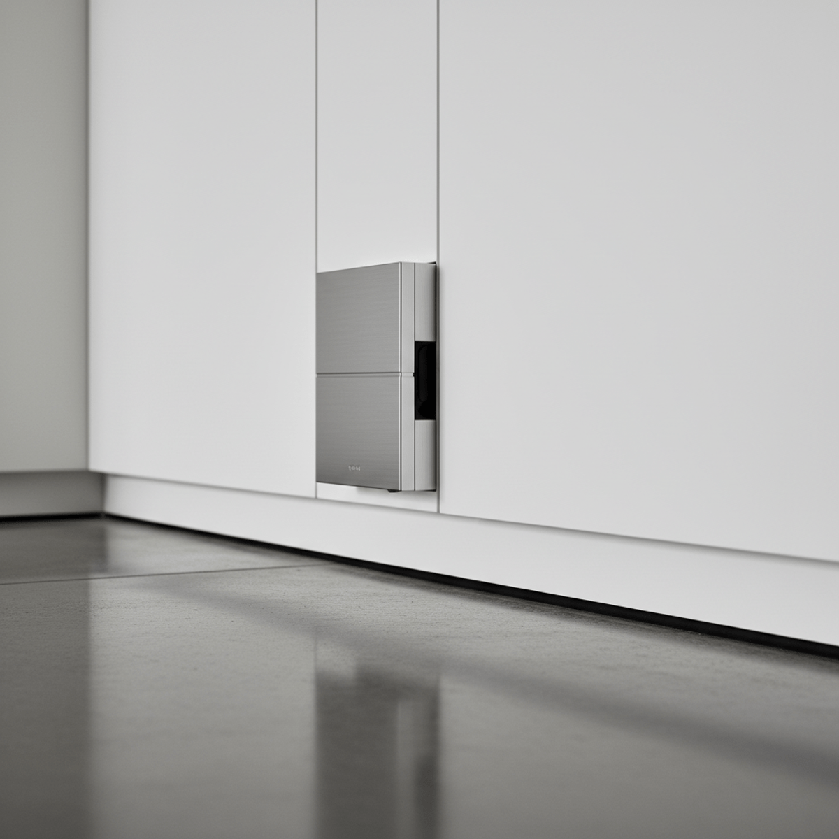 Close-up of sleek brushed aluminum garage door opener integrated into white walls.