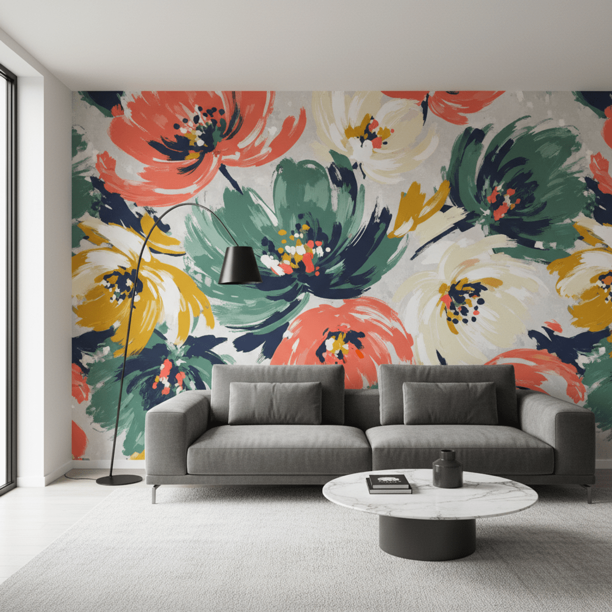 Expressive abstract floral wallpaper in a modern living room Oversized abstract floral wallpaper with dramatic brushstrokes in coral and green.