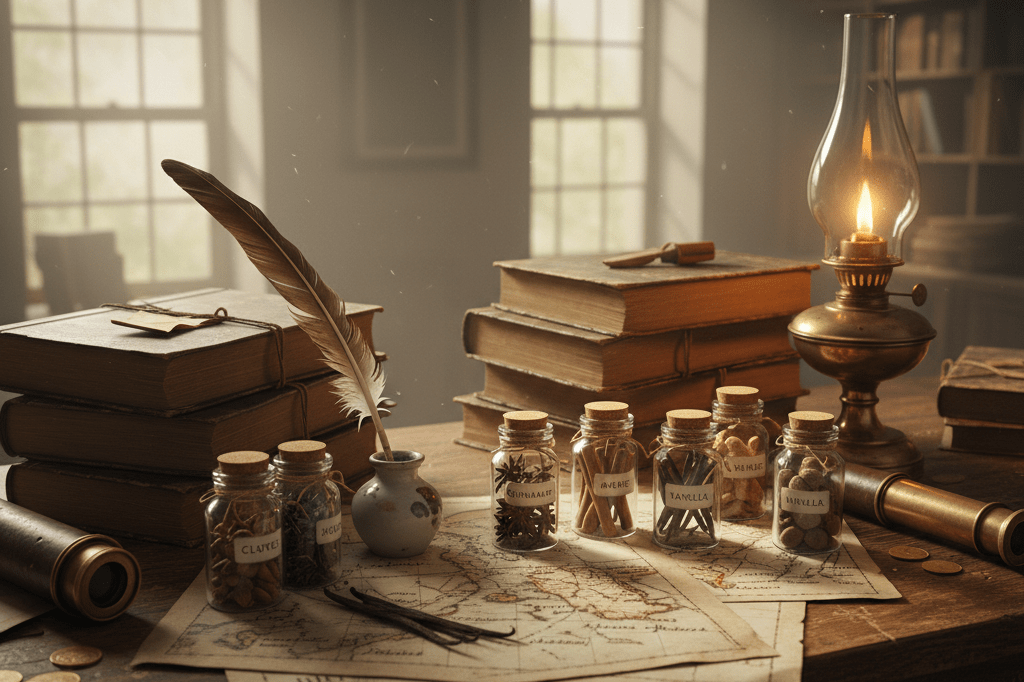 Wooden desk with maps, ledgers, and spice jars under natural light symbolizing 19th-century trade practices