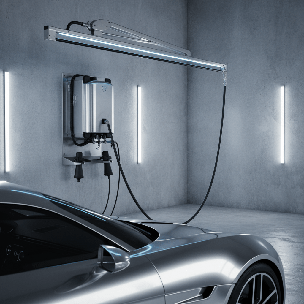 Sleek brushed steel power washer station with articulating boom in a modern garage.