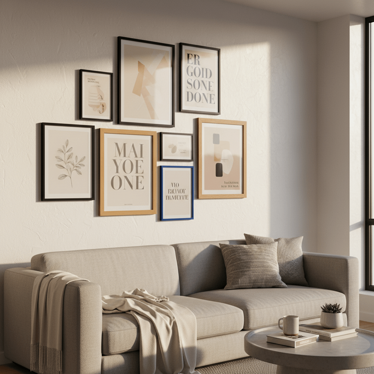 Modern apartment gallery wall with mixed frames. Modern apartment gallery wall with mixed frames above a minimalist sofa bathed in golden light.