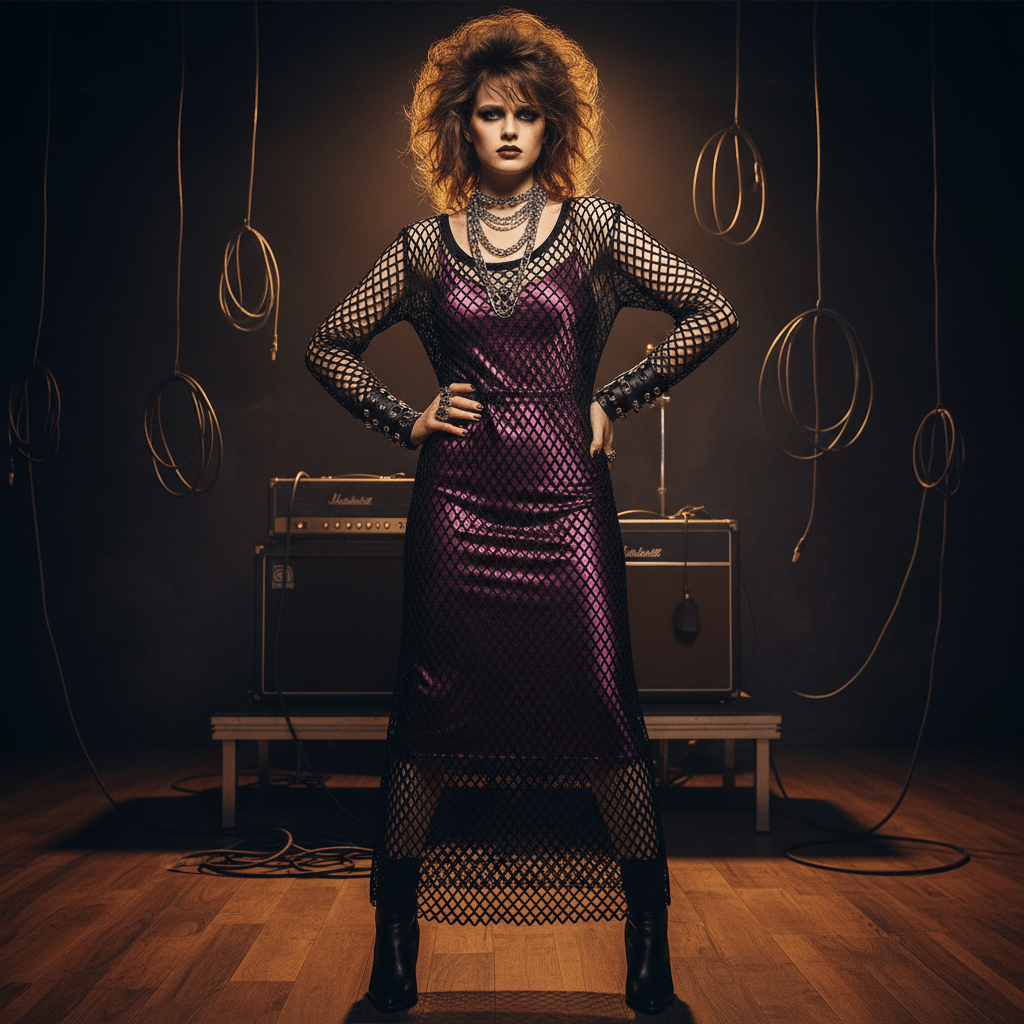 Model in black fishnet over plum satin dress with 80s accessories on a dimly lit stage.