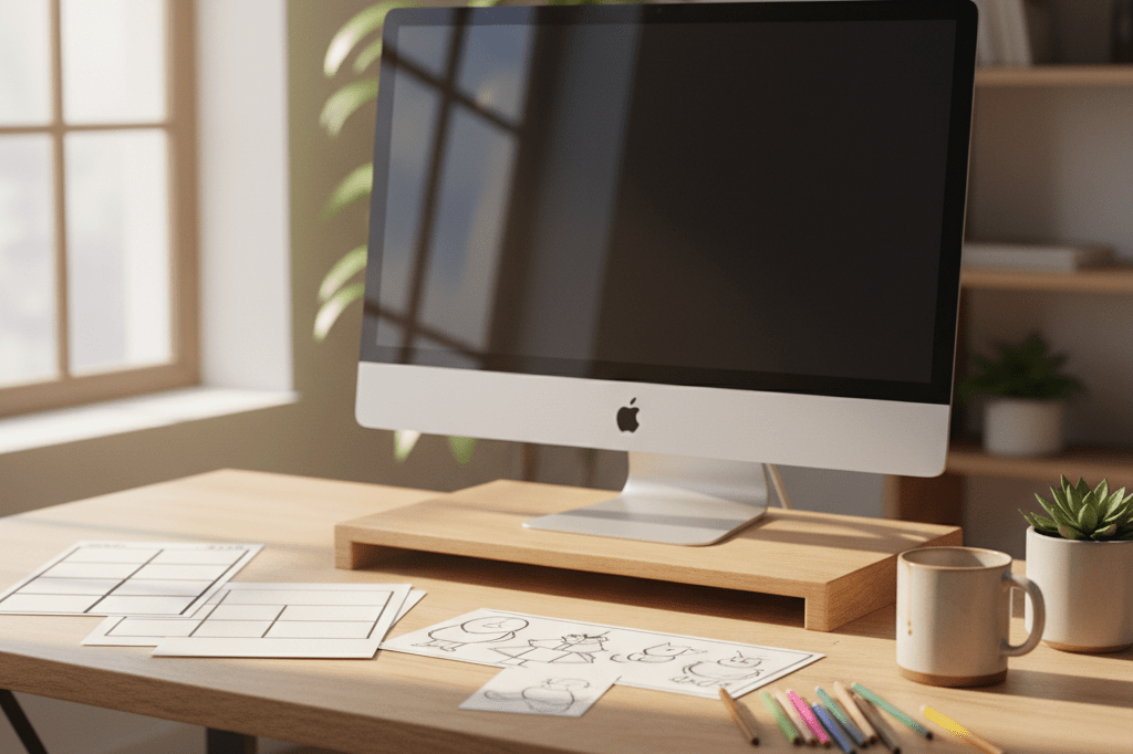 Animation Studio Desk Setup with Generic Sketches and Tools Close-up view of an animator's desk with generic sketches, pencils, and coffee mug under natural light, symbolizing creative strategy