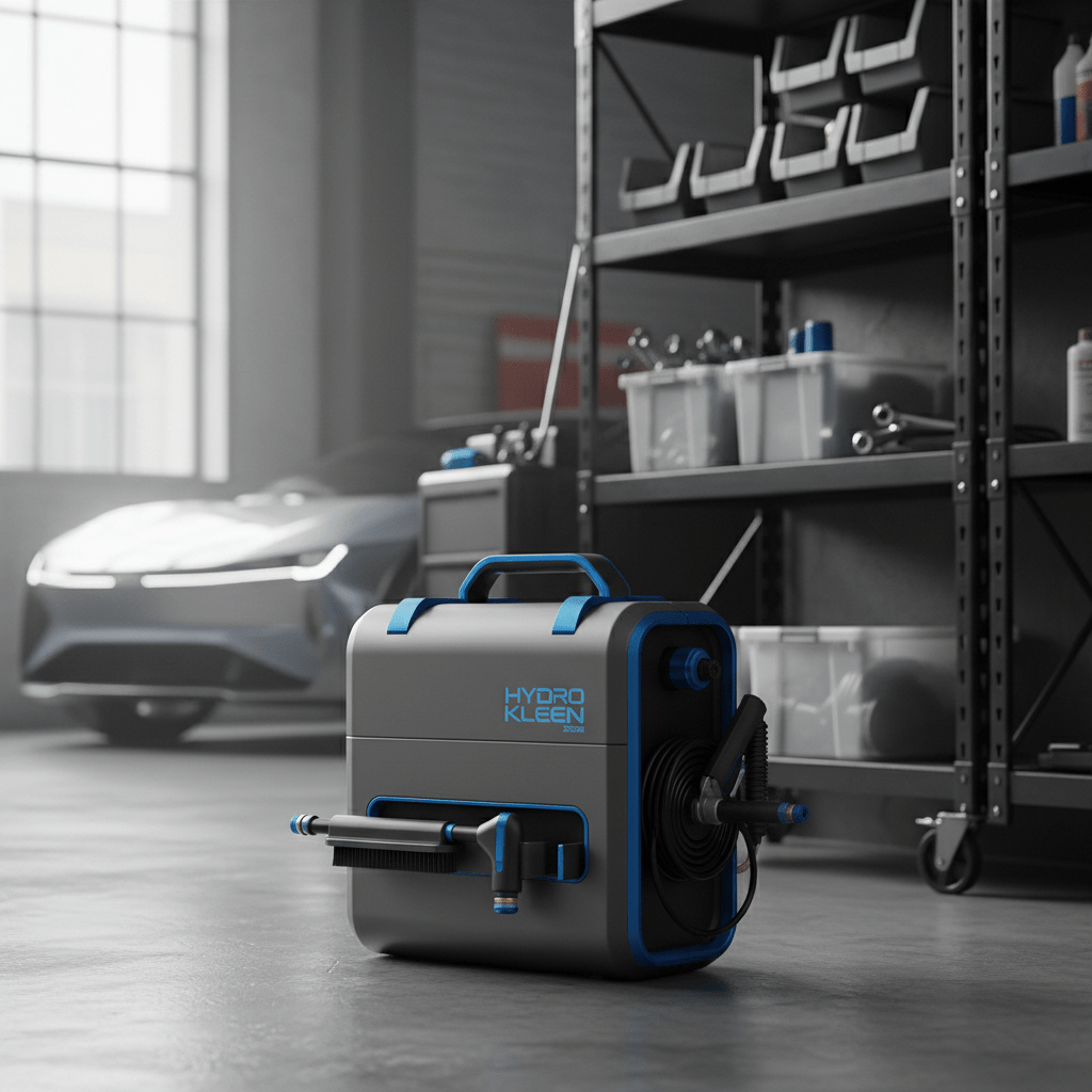 Sleek compact pressure washer in a suitcase design with fold-away handles.