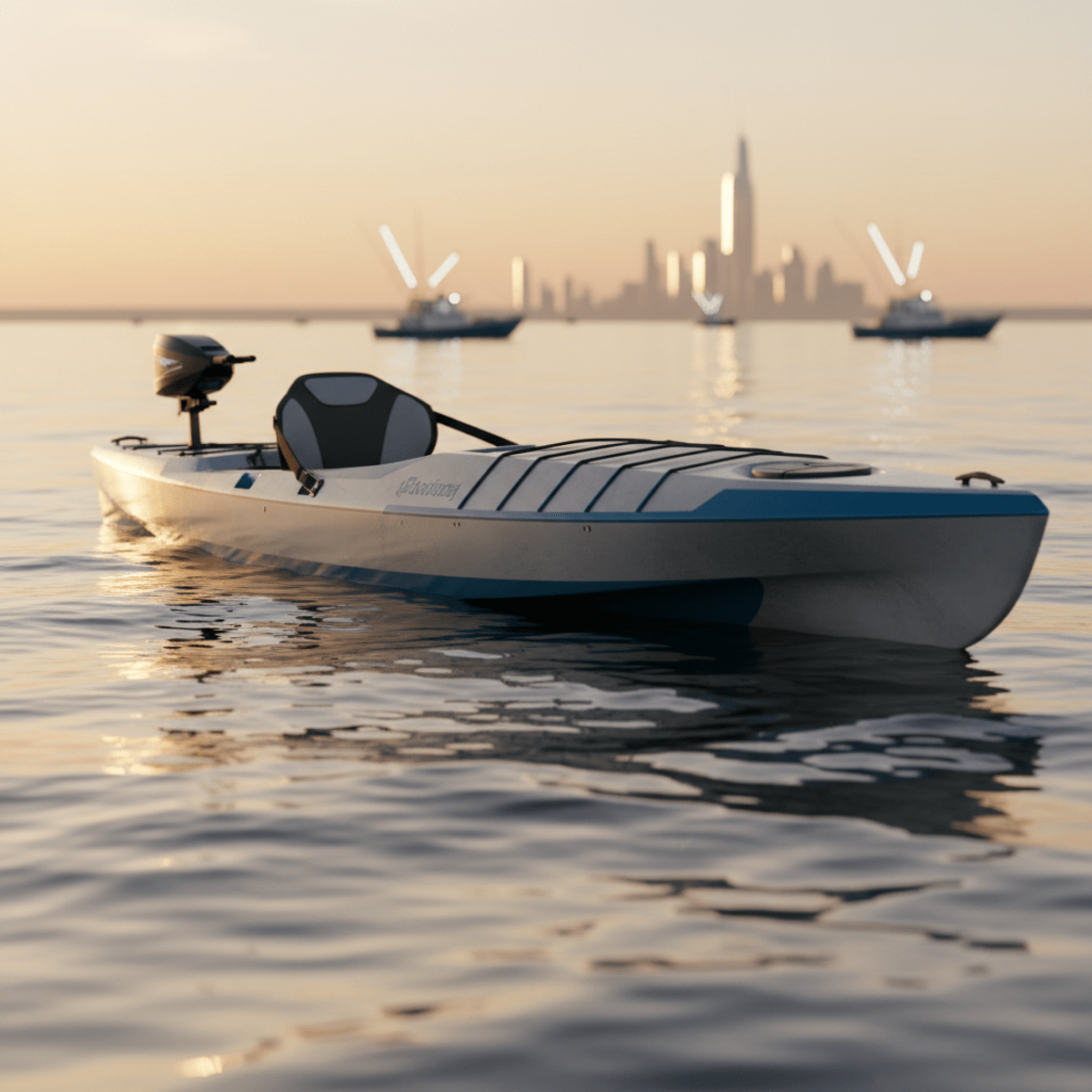 Futuristic fishing kayak on calm waters at sunrise Sleek futuristic fishing kayak with trolling motor on calm coastal waters at sunrise.