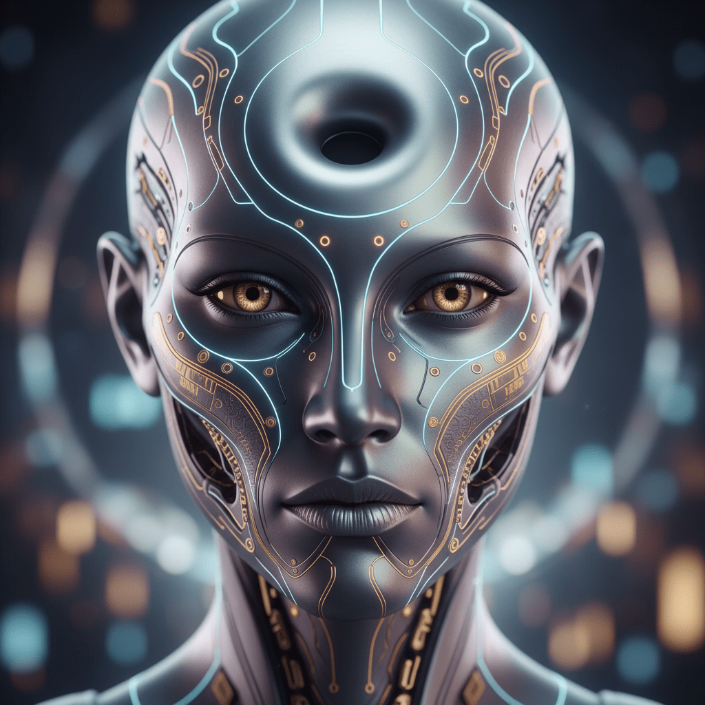 Futuristic alien royal with bagel head, glowing patterns, and metallic skin.