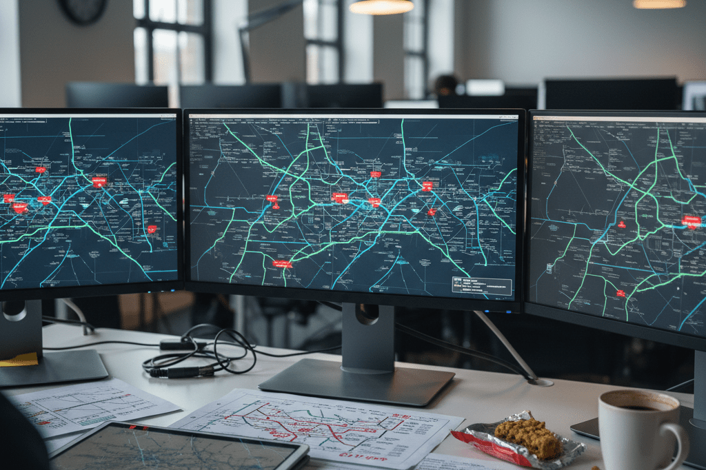 Logistics control room monitoring transit disruption alerts Control room desk with network maps and alerts showing emergency response to rail transit blockages