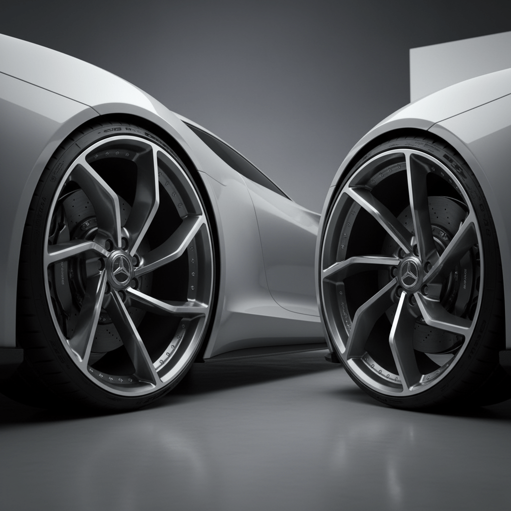 Futuristic alloy wheels with twisted spokes on a sleek sports car, studio lighting.