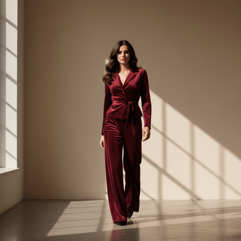 Model wears elegant burgundy velvet tracksuit in minimalist studio with soft daylight.