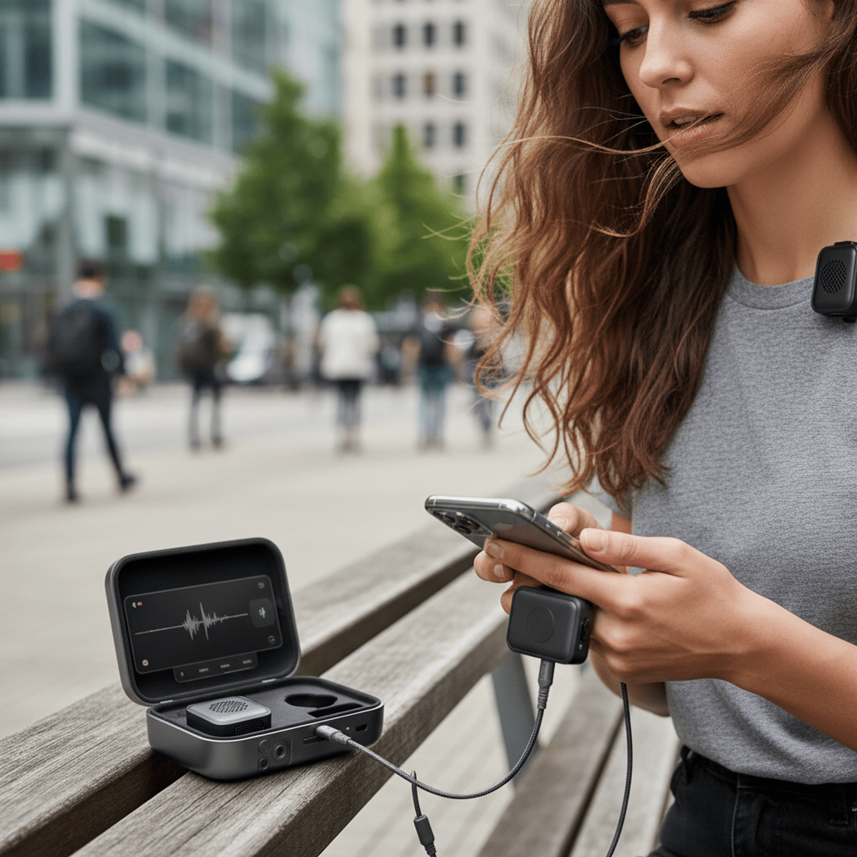 Compact wireless microphone transmitter and receiver connected to smartphone outdoors.