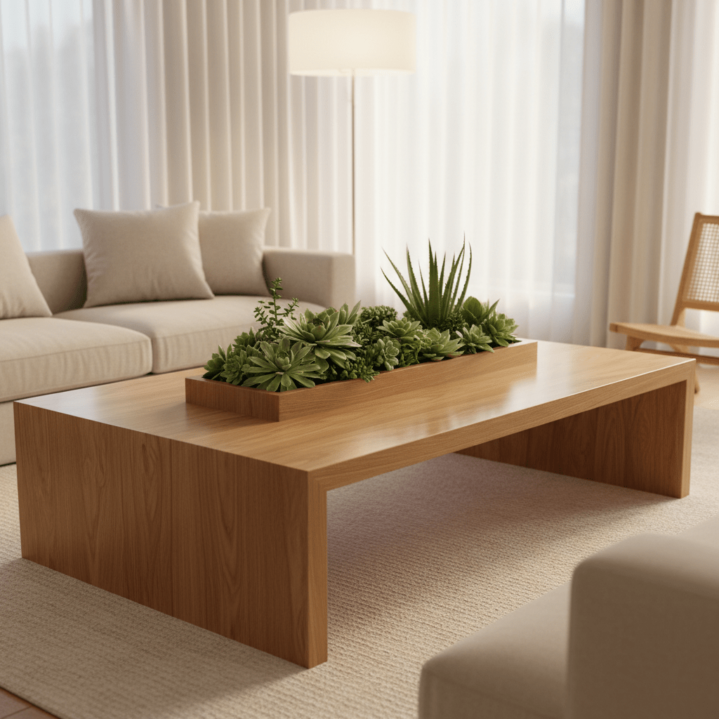 Minimalist oak coffee table with integrated planter and succulent garden.