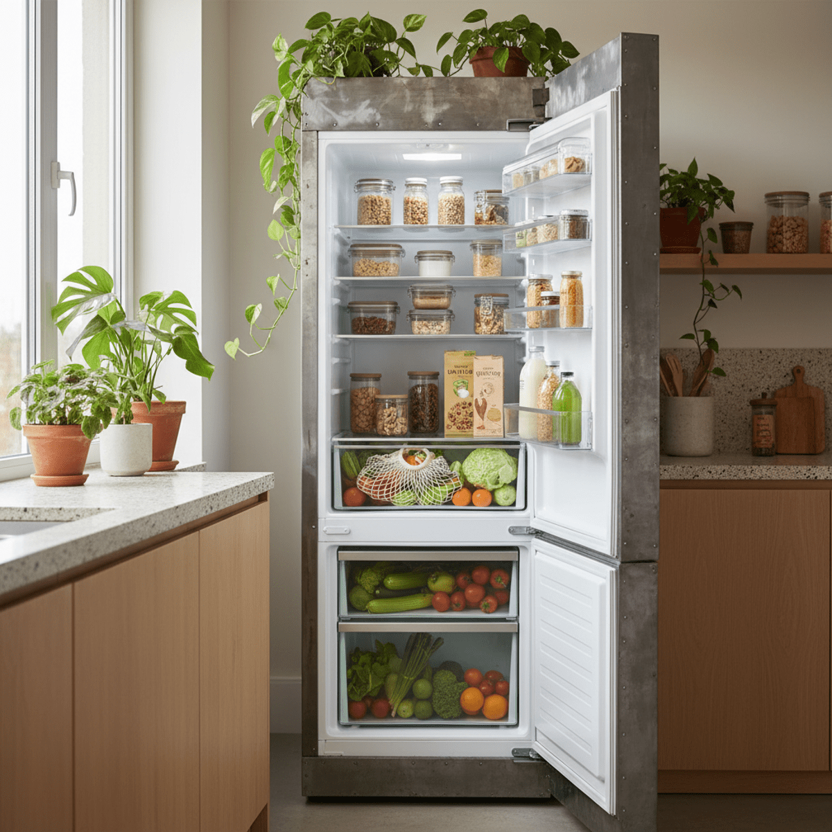 Open refrigerator with bamboo shelves and recycled glass drawers, modern kitchen.