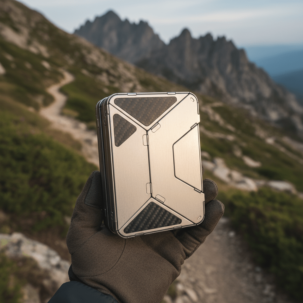 Ultra-compact portable gas range folded in a hiker's hand on a mountain trail.