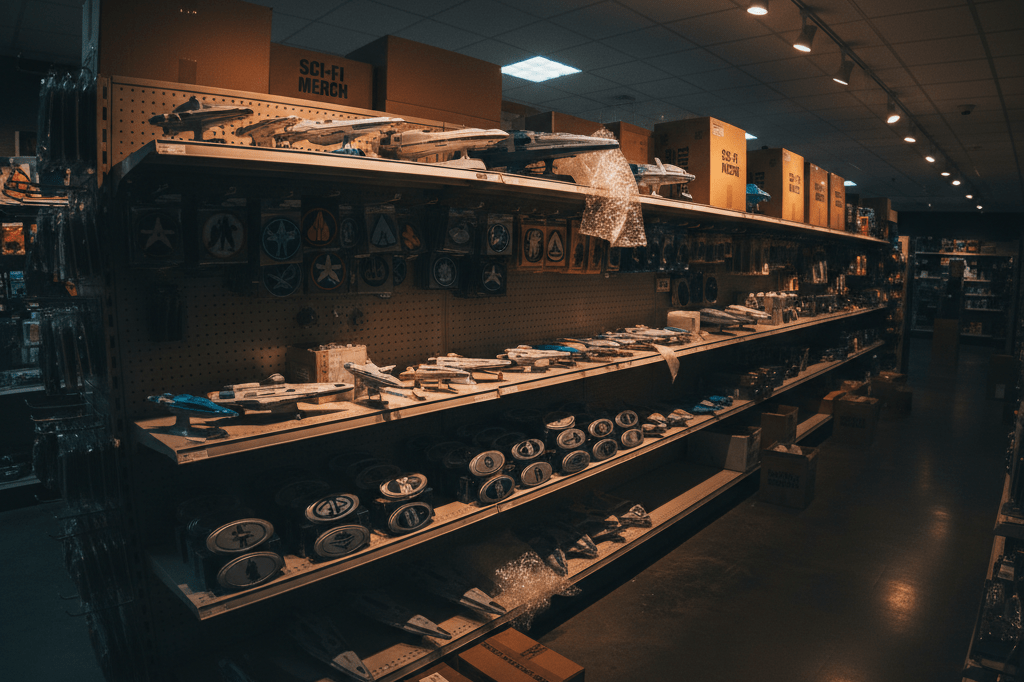 Shelf filled with generic sci-fi collectibles under warm ambient lighting, symbolizing inventory strategy during franchise endings